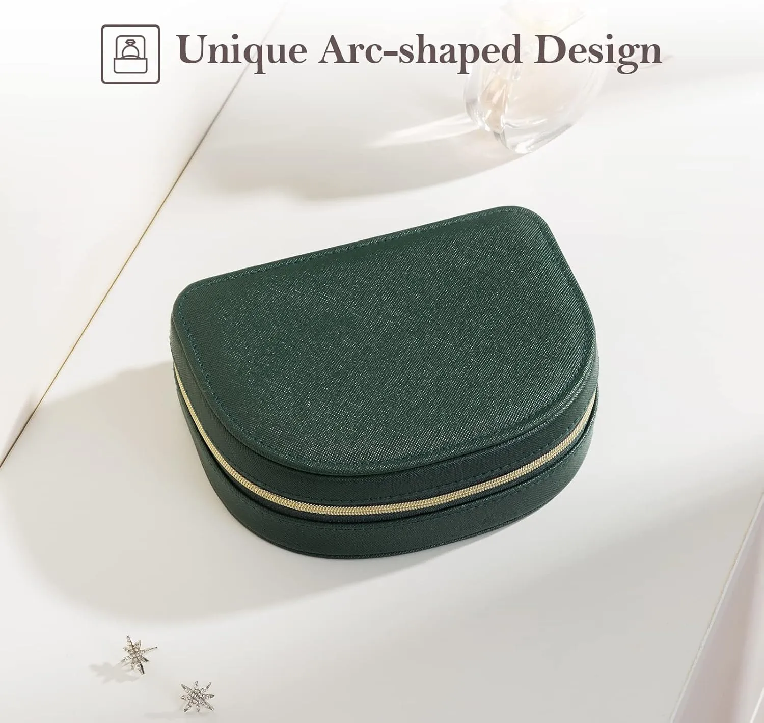 ProCase Travel Size Jewelry Box, Small Portable Seashell-Shaped Jewelry Case, 2 Layer Mini Jewelry Organizer in PU Leather for Women -Emerald