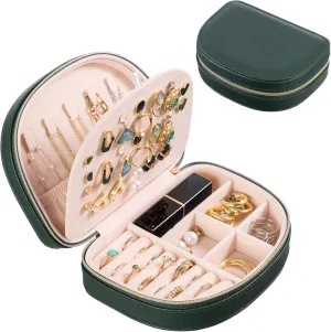 ProCase Travel Size Jewelry Box, Small Portable Seashell-Shaped Jewelry Case, 2 Layer Mini Jewelry Organizer in PU Leather for Women -Emerald