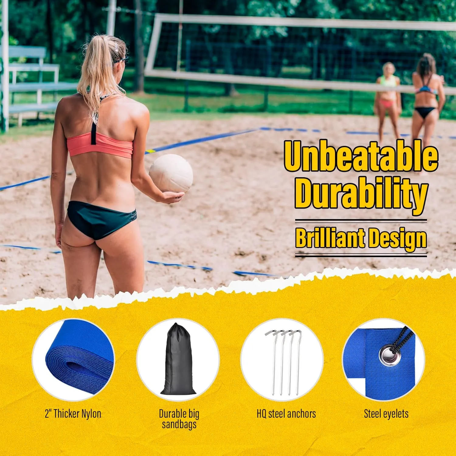 Professional Beach Volleyball Lines for Sand, 2" Nylon | Ultra-Visible Marking | Weather-Enduring, with Metal Anchors & Sandbags, Standard Sizes - 26.3' x 52.6' or 30' x 60'
