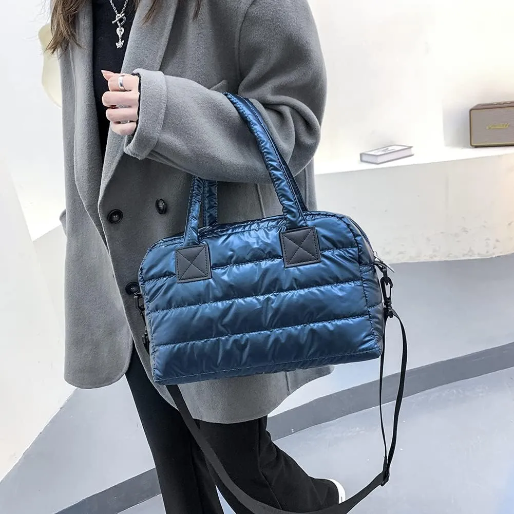 Puffer Tote Bag for Women, Quilted Cotton Padded Designer Handbag, Winter Down Padded Shoulder Bag