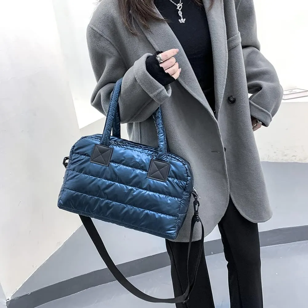 Puffer Tote Bag for Women, Quilted Cotton Padded Designer Handbag, Winter Down Padded Shoulder Bag