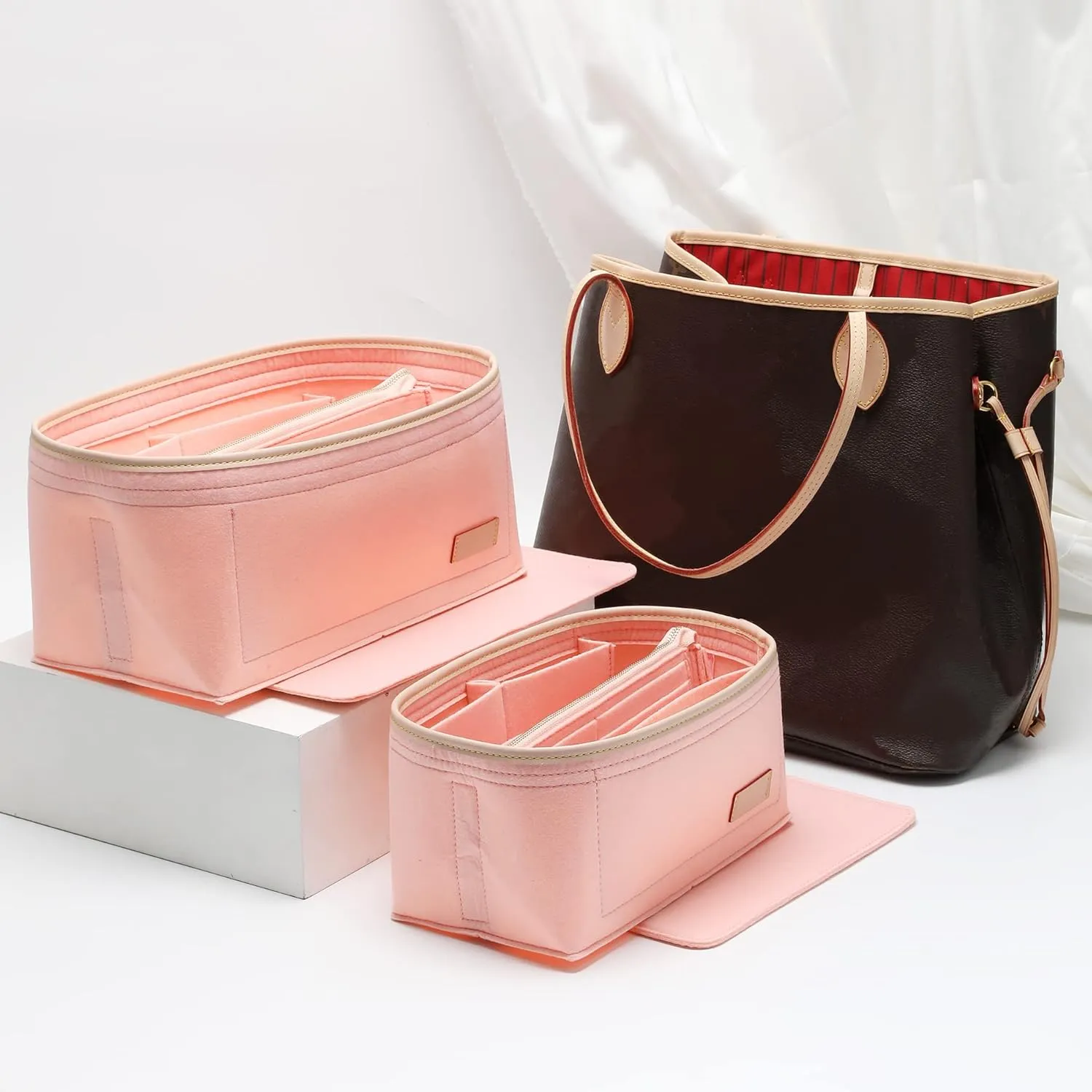 Purse Organizer Insert for Handbags, Fit Speedy 25 Neverfull Felt Tote Insert with Base Shaper Zipper Bag in Bag (Pink-Felt, Medium)