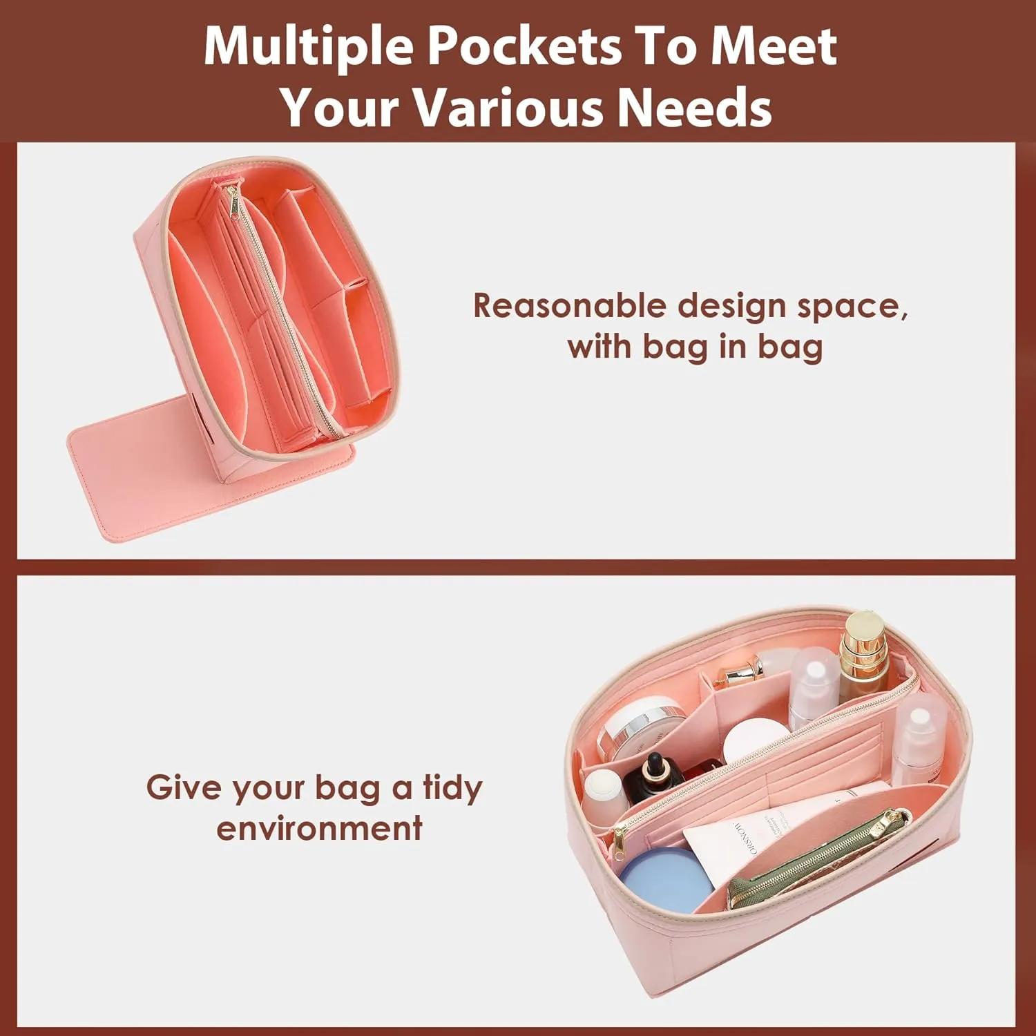 Purse Organizer Insert for Handbags, Fit Speedy 25 Neverfull Felt Tote Insert with Base Shaper Zipper Bag in Bag (Pink-Felt, Medium)