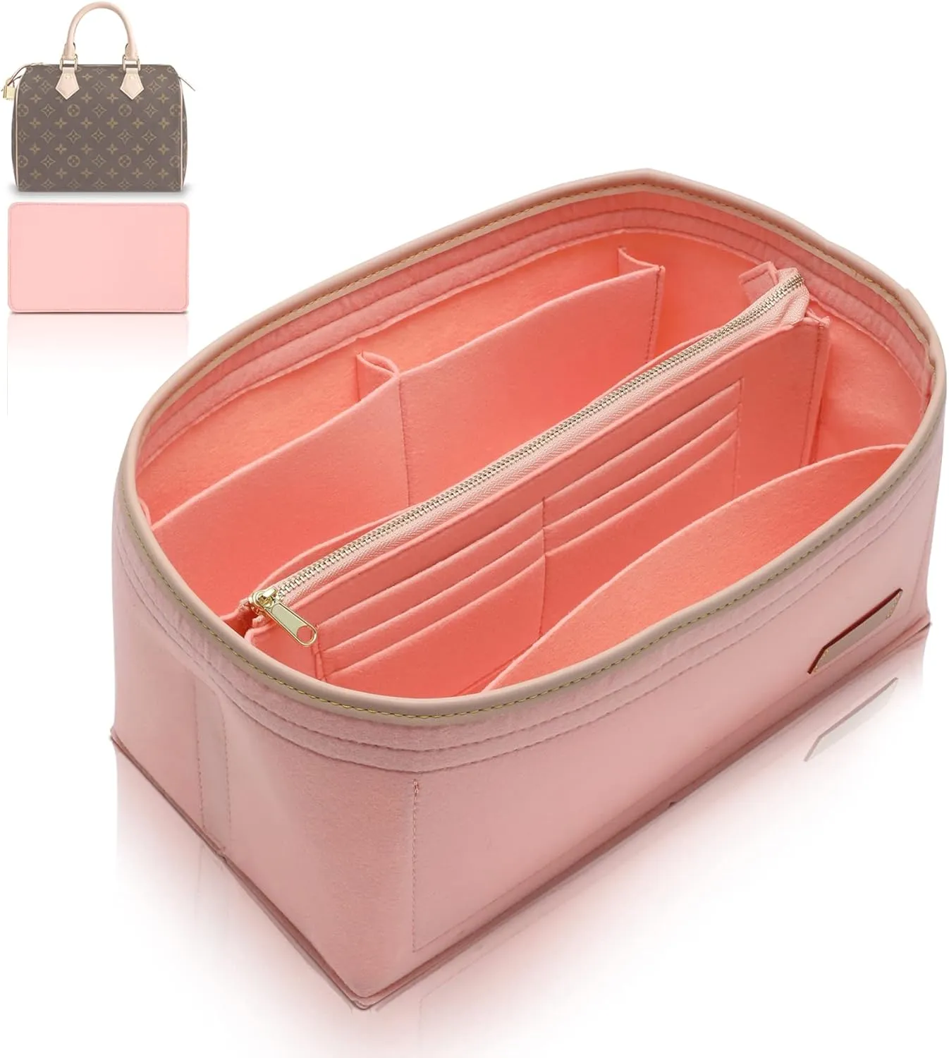 Purse Organizer Insert for Handbags, Fit Speedy 25 Neverfull Felt Tote Insert with Base Shaper Zipper Bag in Bag (Pink-Felt, Medium)