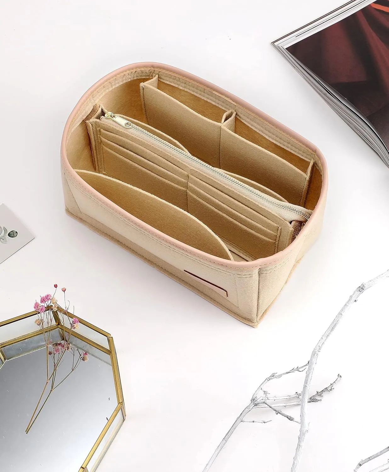 Purse Organizer Insert for Handbags, Fit Speedy 25,LePliage S,Neverfull Felt Tote Insert with Base Shaper Zipper Bag in Bag (Beige-Felt, Medium)