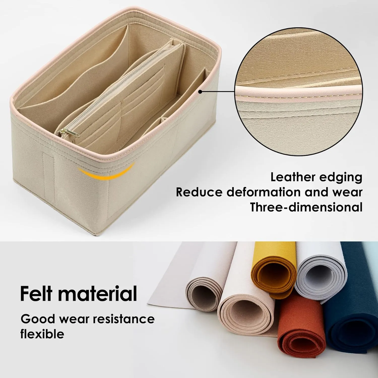 Purse Organizer Insert for Handbags, Fit Speedy 25,LePliage S,Neverfull Felt Tote Insert with Base Shaper Zipper Bag in Bag (Beige-Felt, Medium)