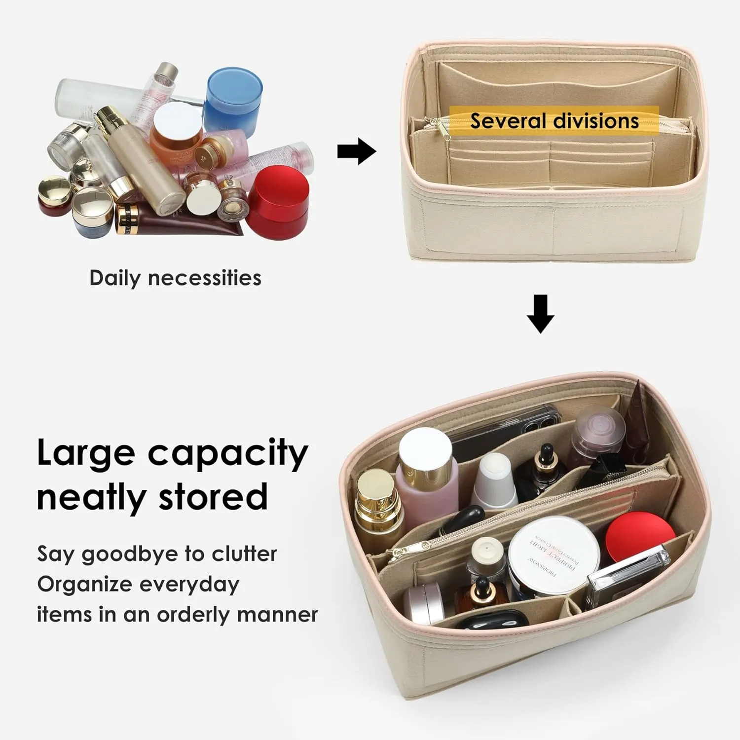 Purse Organizer Insert for Handbags, Fit Speedy 25,LePliage S,Neverfull Felt Tote Insert with Base Shaper Zipper Bag in Bag (Beige-Felt, Medium)