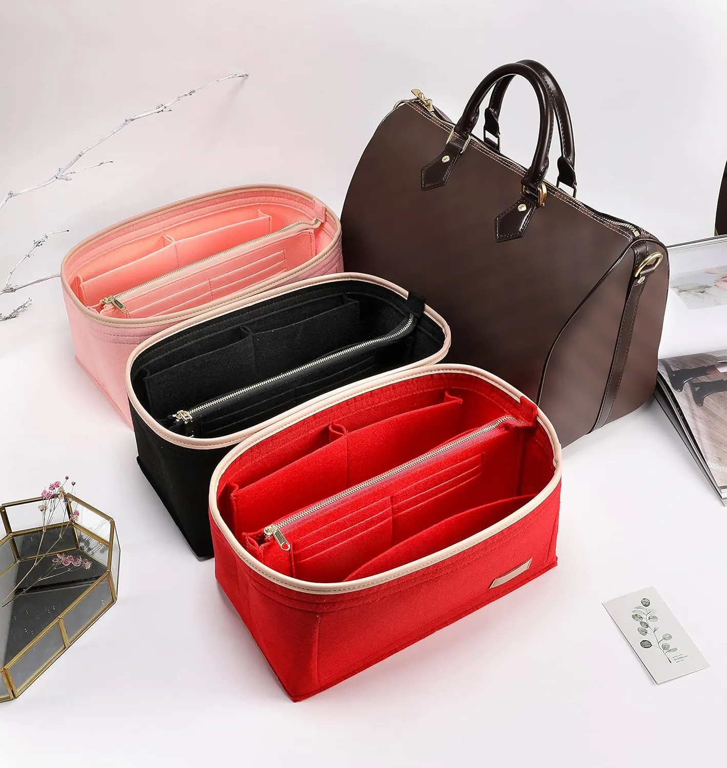 Purse Organizer Insert for Handbags, Fit Speedy 25,LePliage S,Neverfull Felt Tote Insert with Base Shaper Zipper Bag in Bag (Black-Felt, Medium)