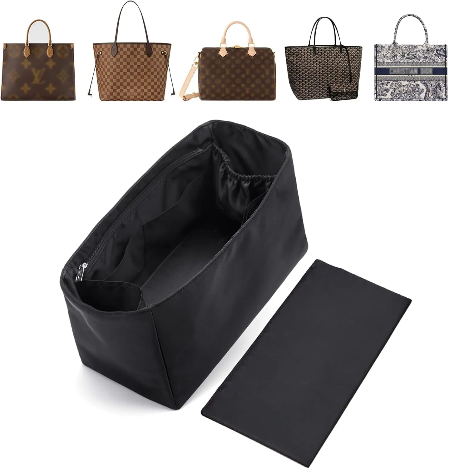 Purse Organizer Nylon Water-Repellent Insert With Zipper Bag and Base Shaper for Neverfull Speedy Tote (Black, Large)