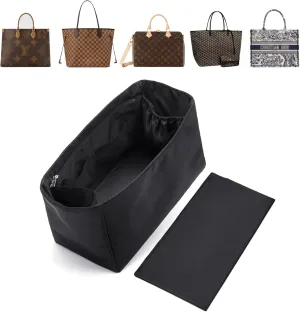 Purse Organizer Nylon Water-Repellent Insert With Zipper Bag and Base Shaper for Neverfull Speedy Tote (Black, Large)