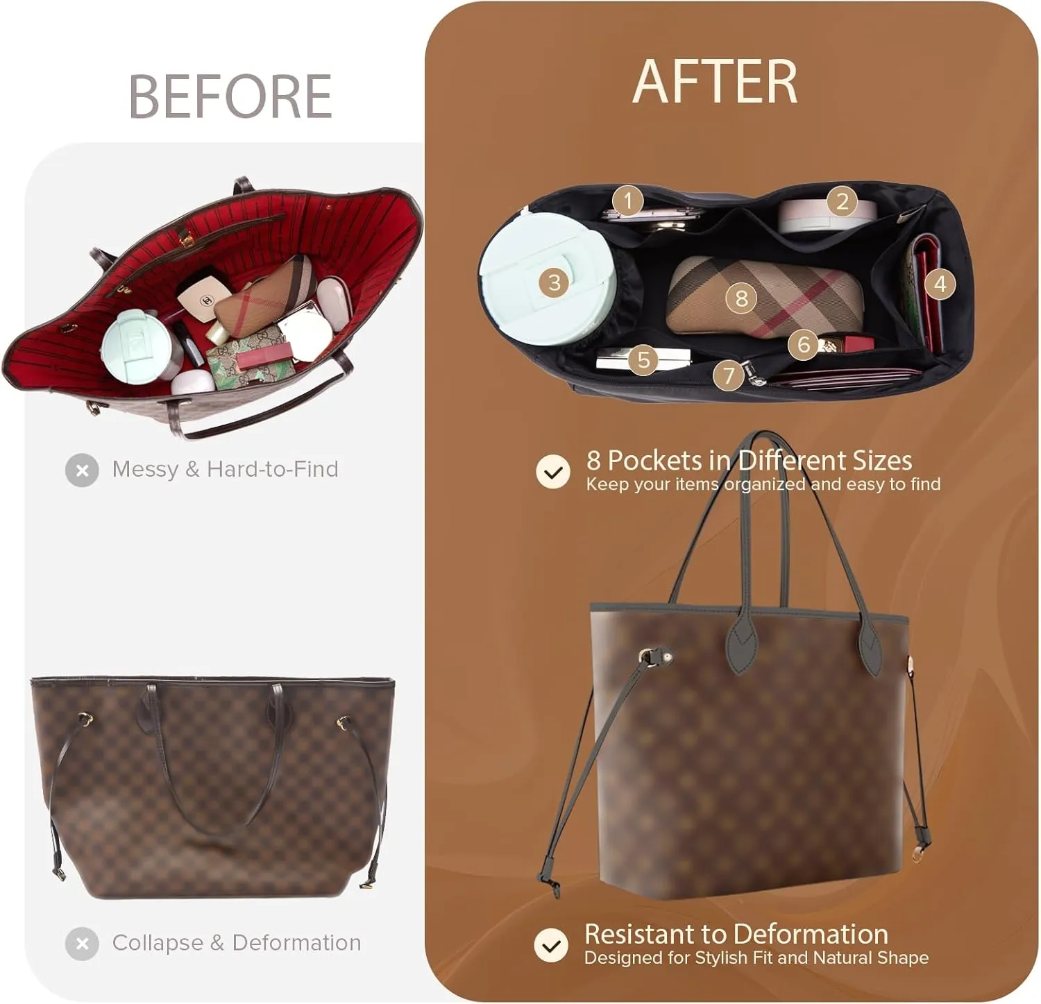 Purse Organizer Nylon Water-Repellent Insert With Zipper Bag and Base Shaper for Neverfull Speedy Tote (Black, X-Large)