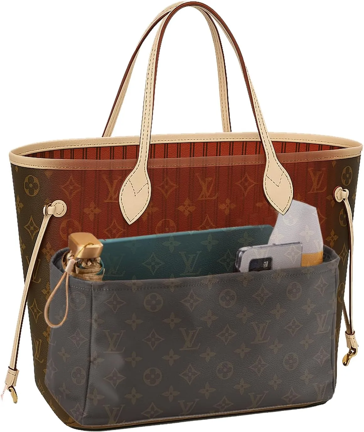 Purse Organizer Nylon Water-Repellent Insert With Zipper Bag and Base Shaper for Neverfull Speedy Tote (Black, X-Large)