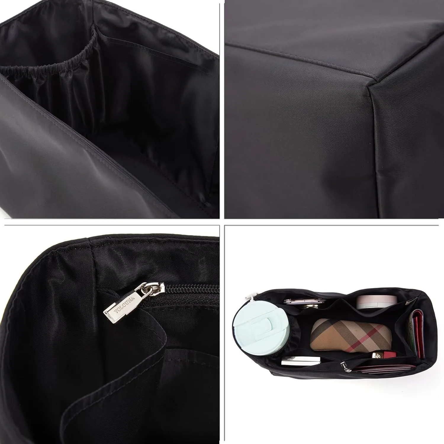 Purse Organizer Nylon Water-Repellent Insert With Zipper Bag and Base Shaper for Neverfull Speedy Tote (Black, X-Large)