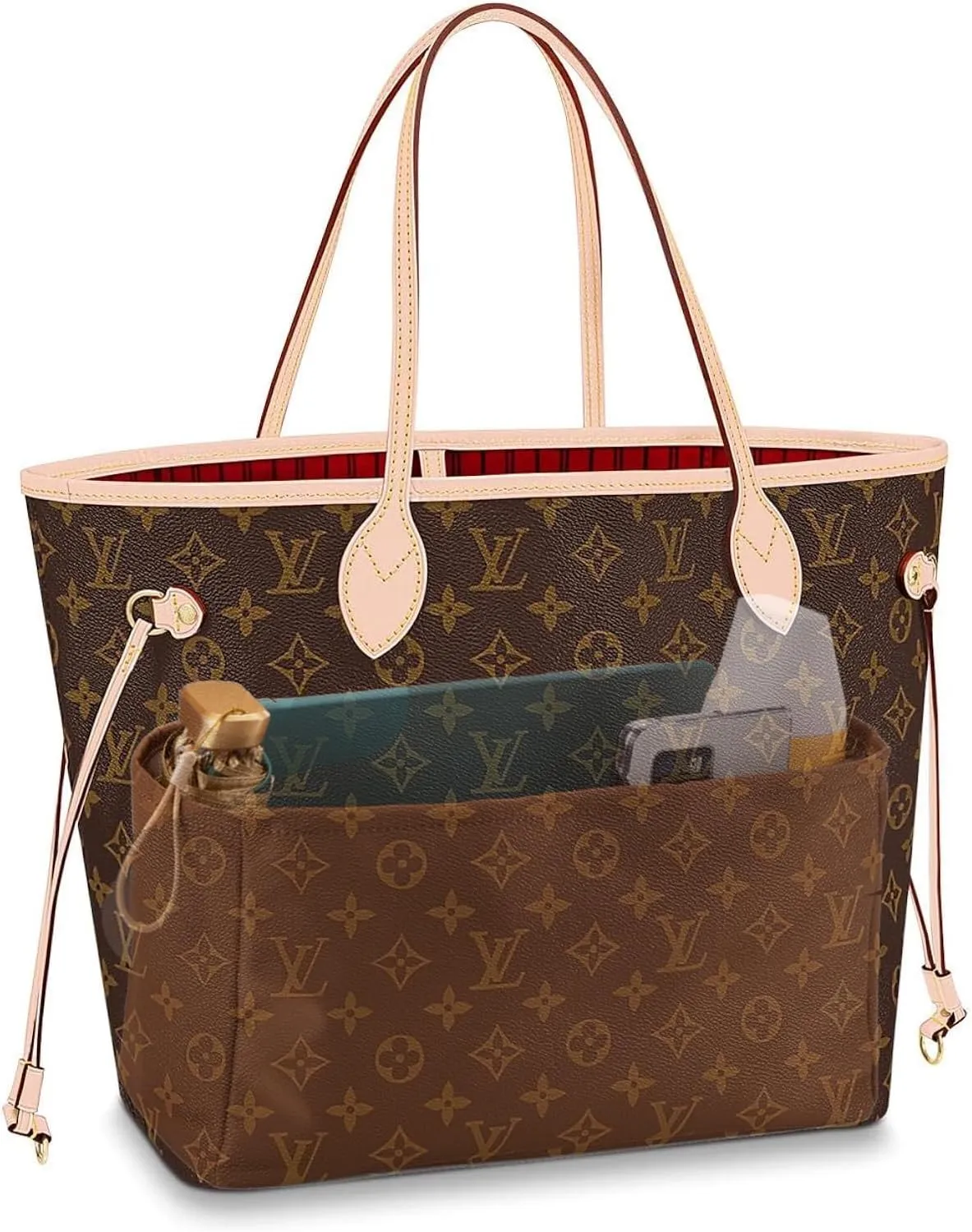 Purse Organizer Nylon Water-Repellent Insert With Zipper Bag and Base Shaper for Neverfull Speedy Tote (Brown, X-Large)