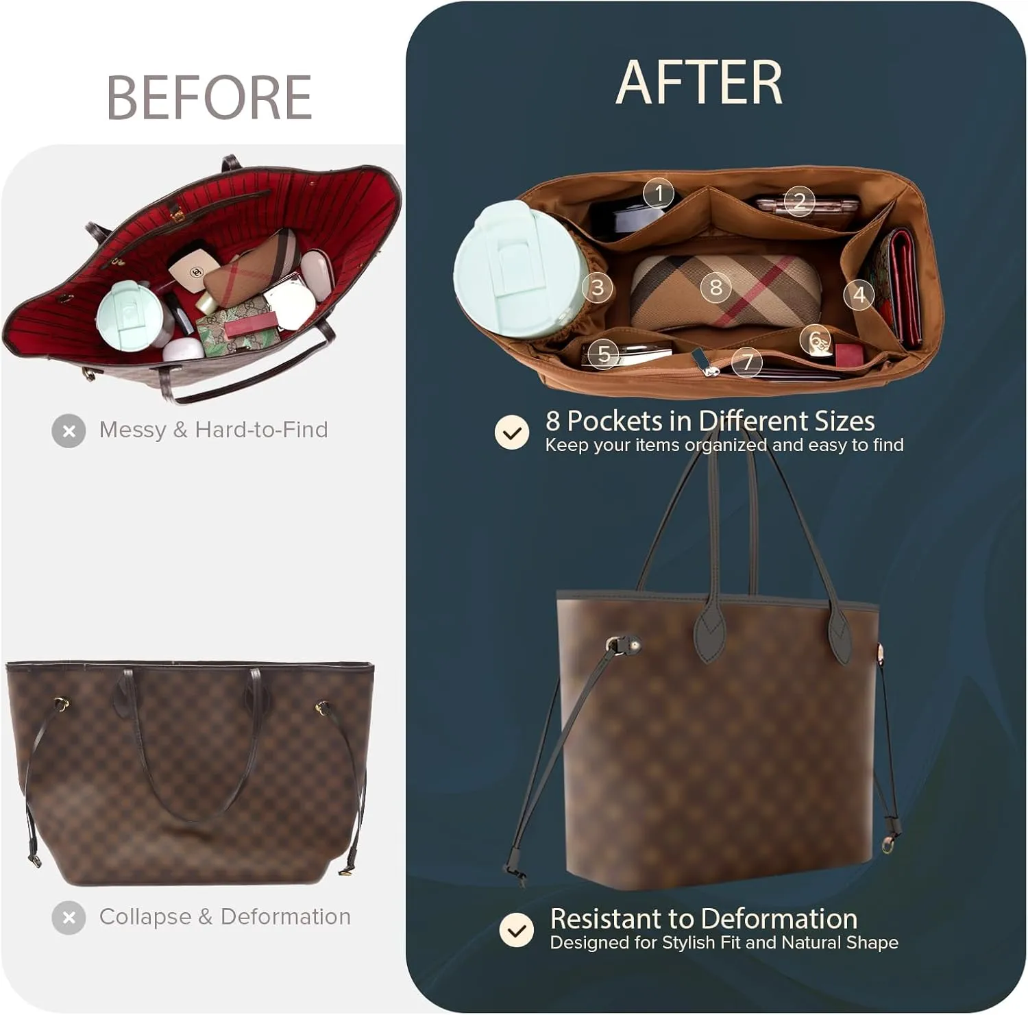 Purse Organizer Nylon Water-Repellent Insert With Zipper Bag and Base Shaper for Neverfull Speedy Tote (Brown, X-Large)