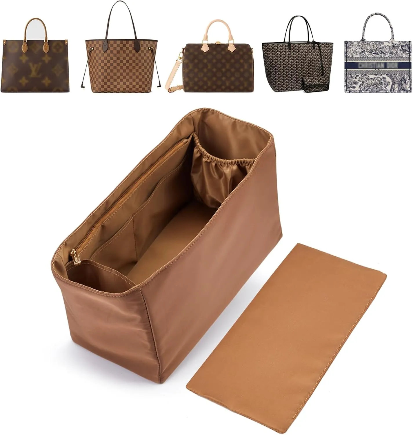 Purse Organizer Nylon Water-Repellent Insert With Zipper Bag and Base Shaper for Neverfull Speedy Tote (Brown, X-Large)