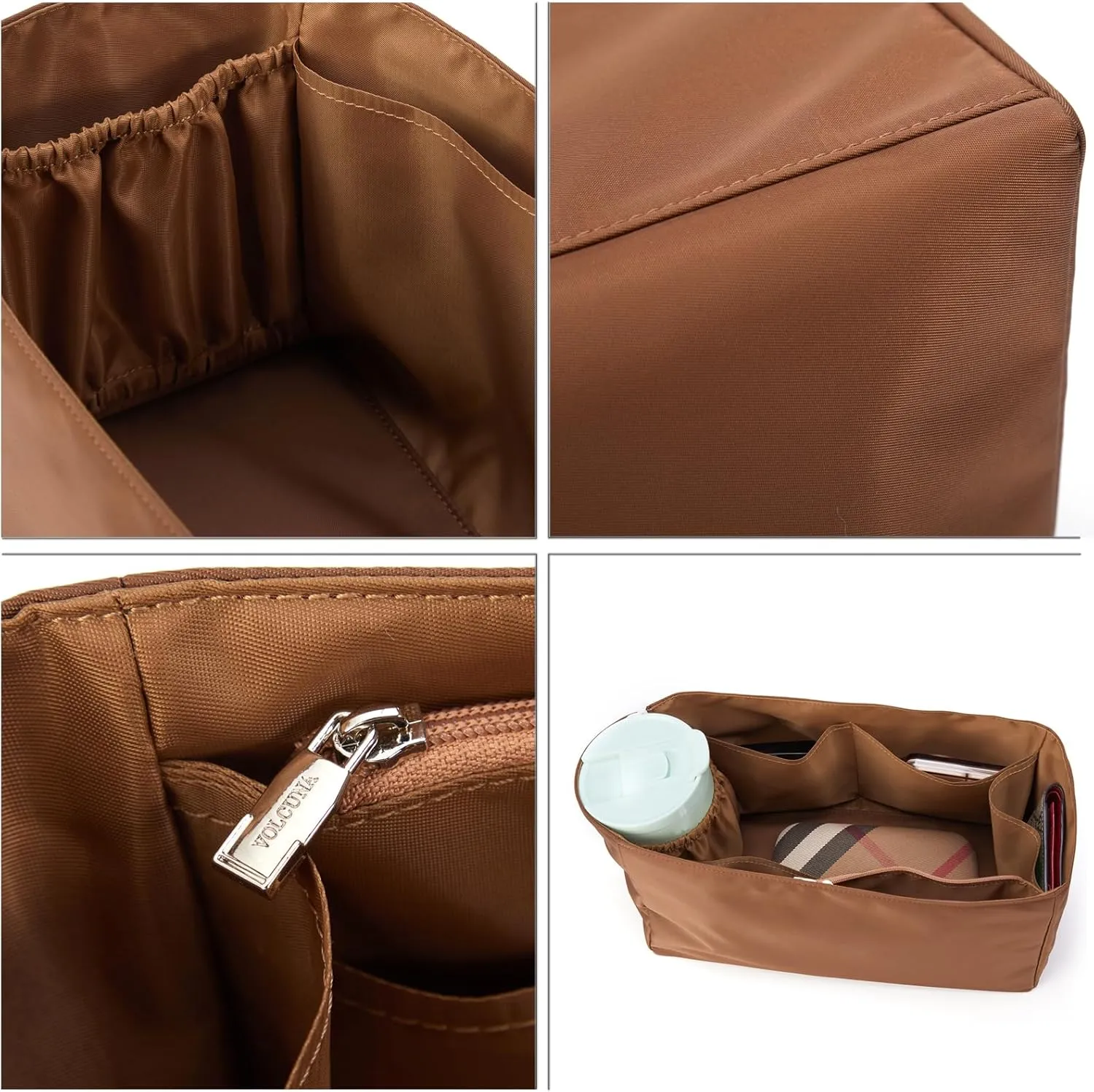 Purse Organizer Nylon Water-Repellent Insert With Zipper Bag and Base Shaper for Neverfull Speedy Tote (Brown, X-Large)
