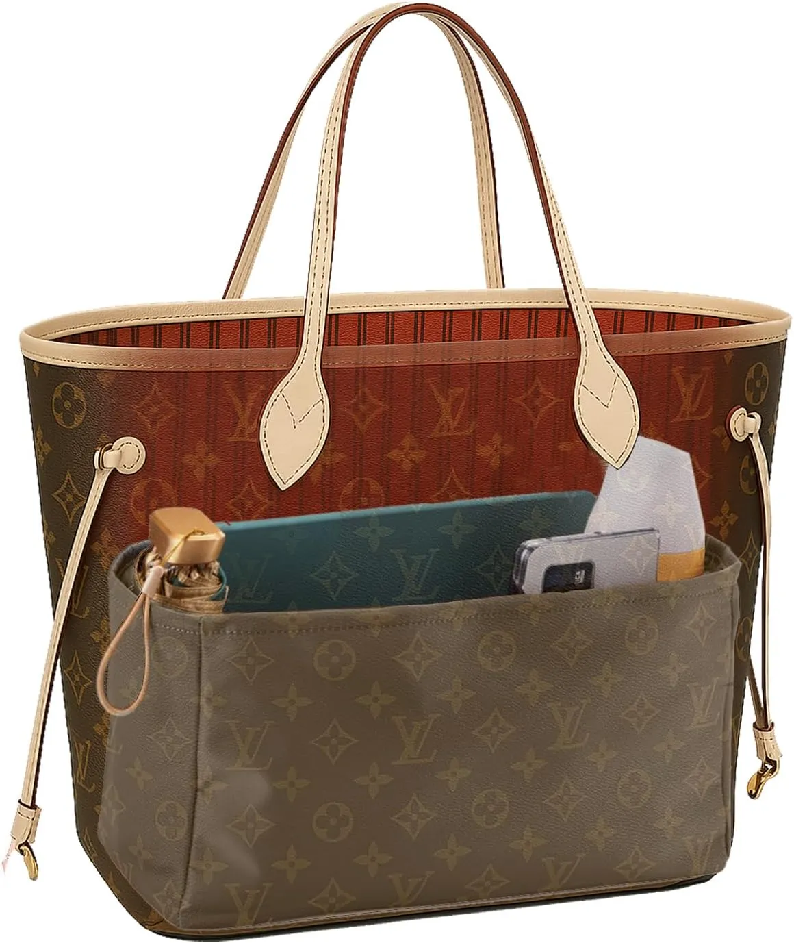 Purse Organizer Nylon Water-Repellent Insert With Zipper Bag and Base Shaper for Neverfull Speedy Tote (Grey, Large)