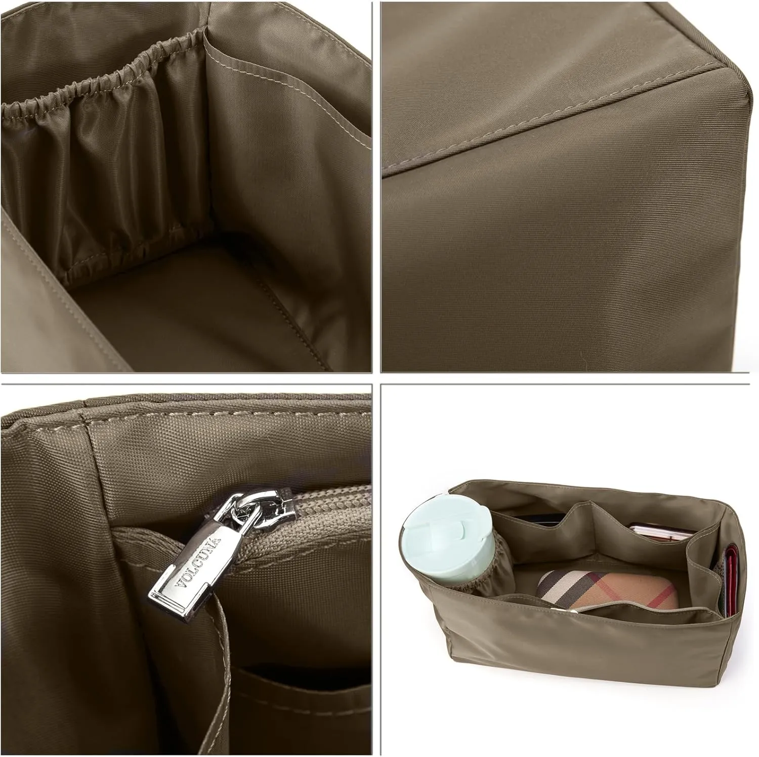 Purse Organizer Nylon Water-Repellent Insert With Zipper Bag and Base Shaper for Neverfull Speedy Tote (Grey, Large)
