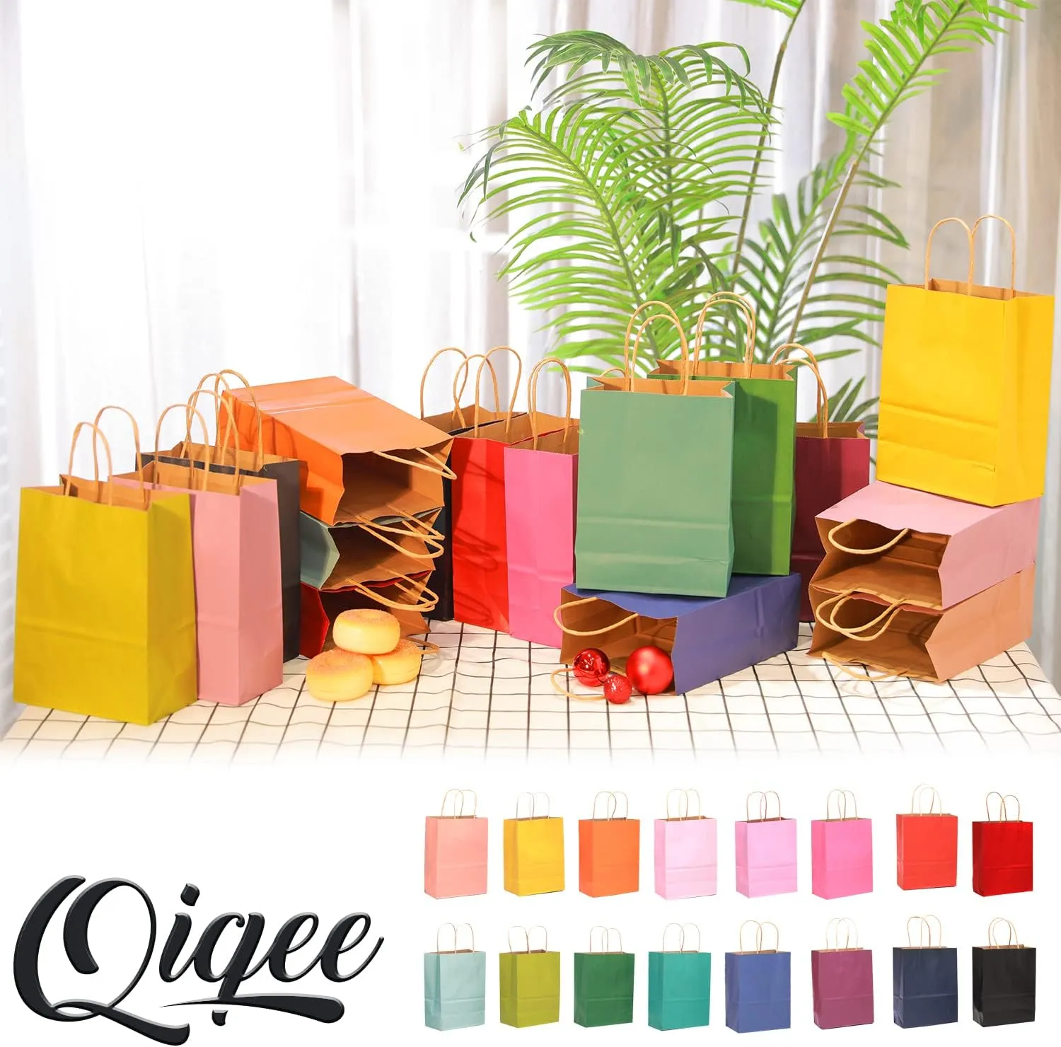 qiqee 32-Packs Paper Bags with Handles Bulk 8.26"×6"×3.15" Small Gift Bags 16 Different Senior Color Bags Multiple Uses（Small Size）