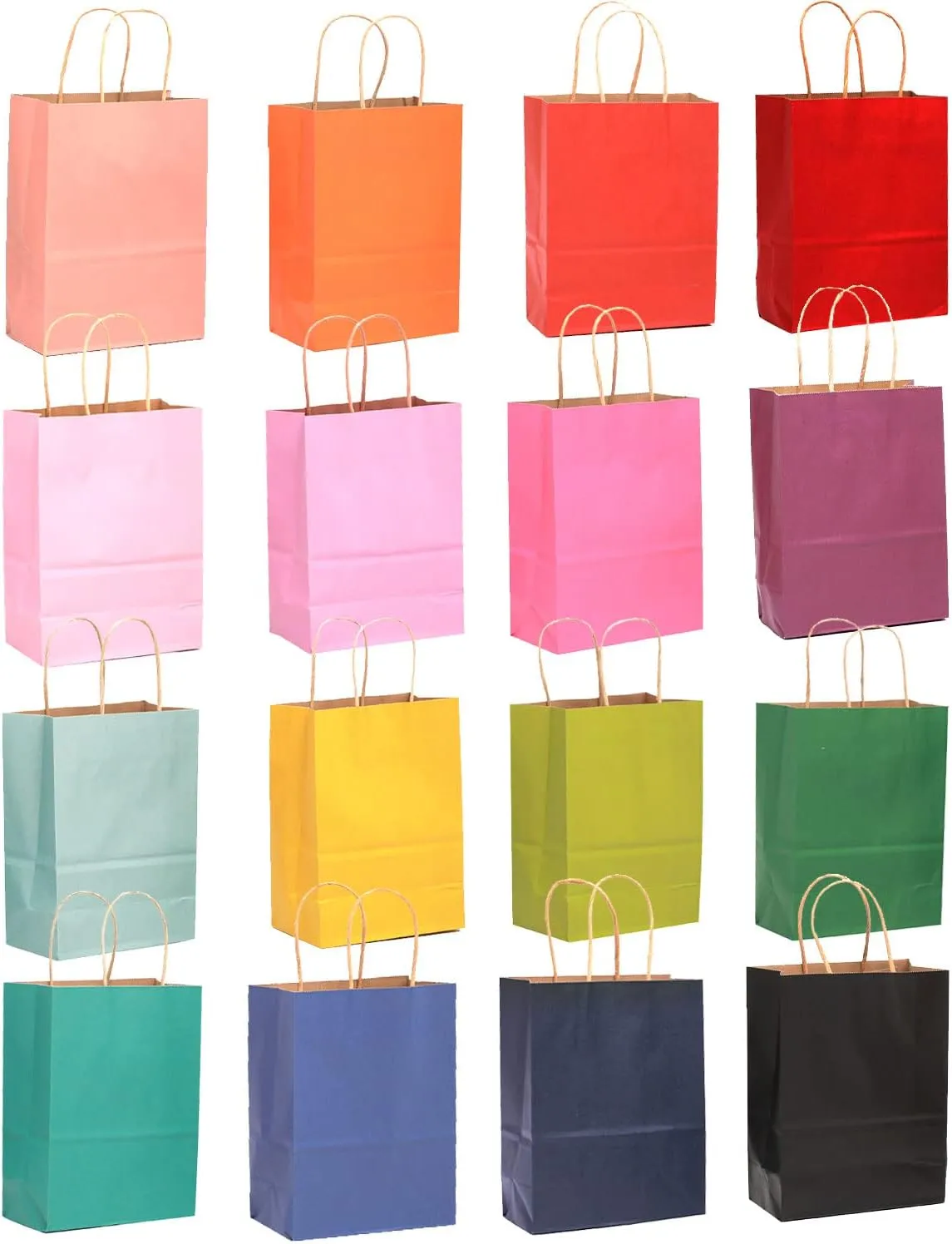qiqee 32-Packs Paper Bags with Handles Bulk 8.26"×6"×3.15" Small Gift Bags 16 Different Senior Color Bags Multiple Uses（Small Size）