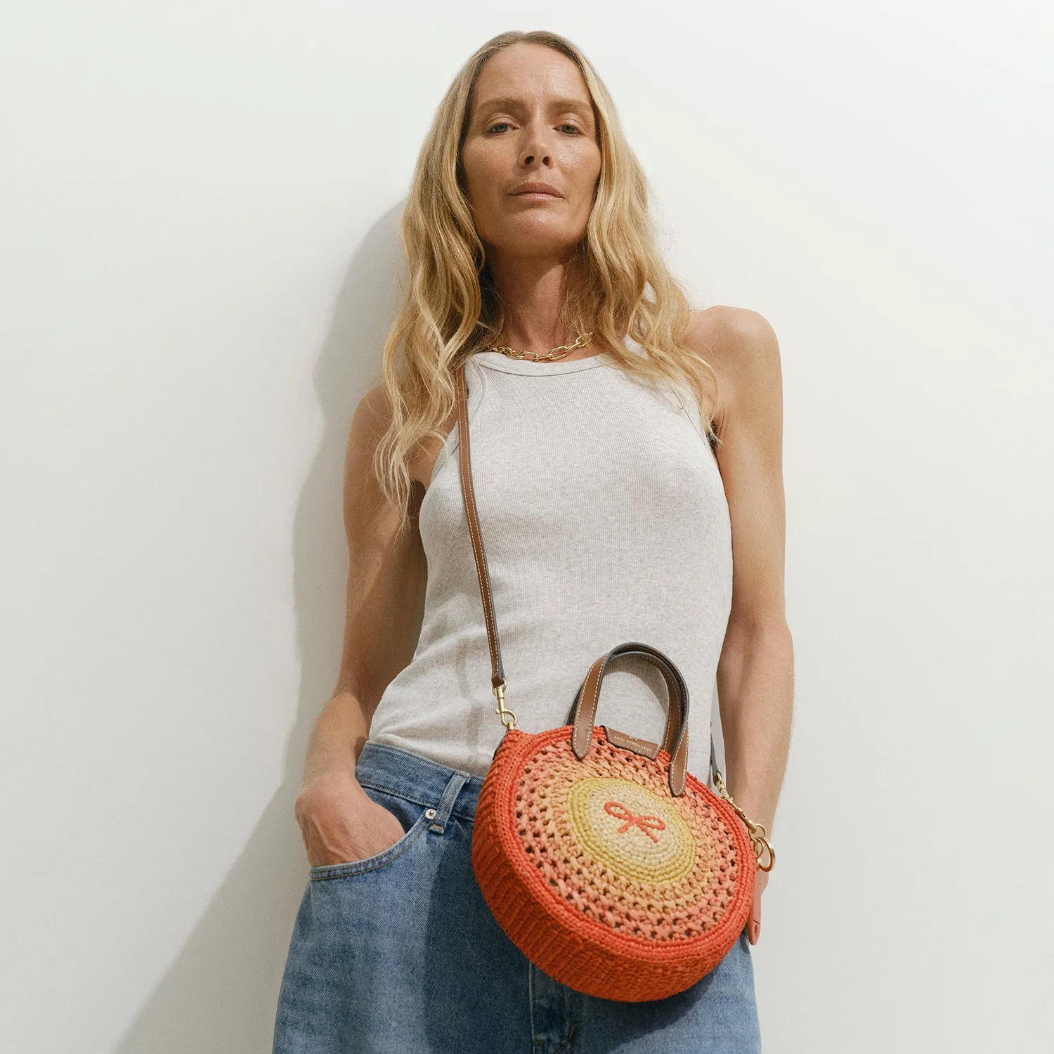 Raffia Small Round Bow Cross-body Tote