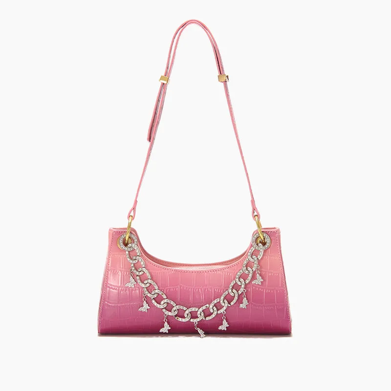 Rainbow Baguette Croc Froggy Gradient Women Shoulder Bags New Fashion Handbag Pearl Chain Diamond Metal Female Bag Summer