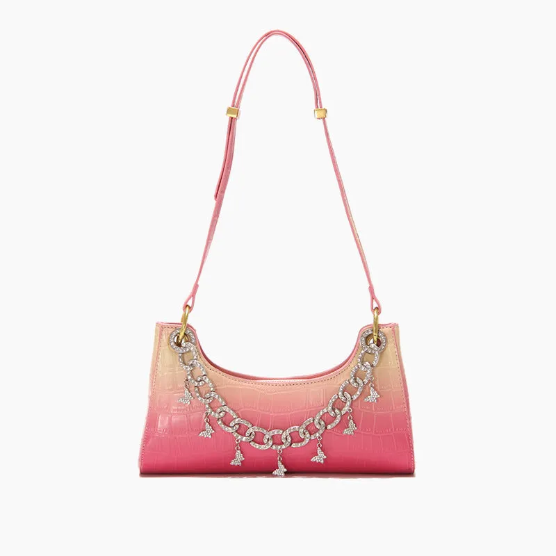 Rainbow Baguette Croc Froggy Gradient Women Shoulder Bags New Fashion Handbag Pearl Chain Diamond Metal Female Bag Summer