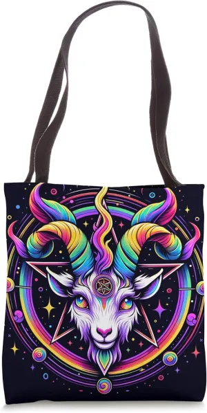 Rainbow Baphomet Pentagram Sigil Graphic - Enigmatic Goat Tote Bag