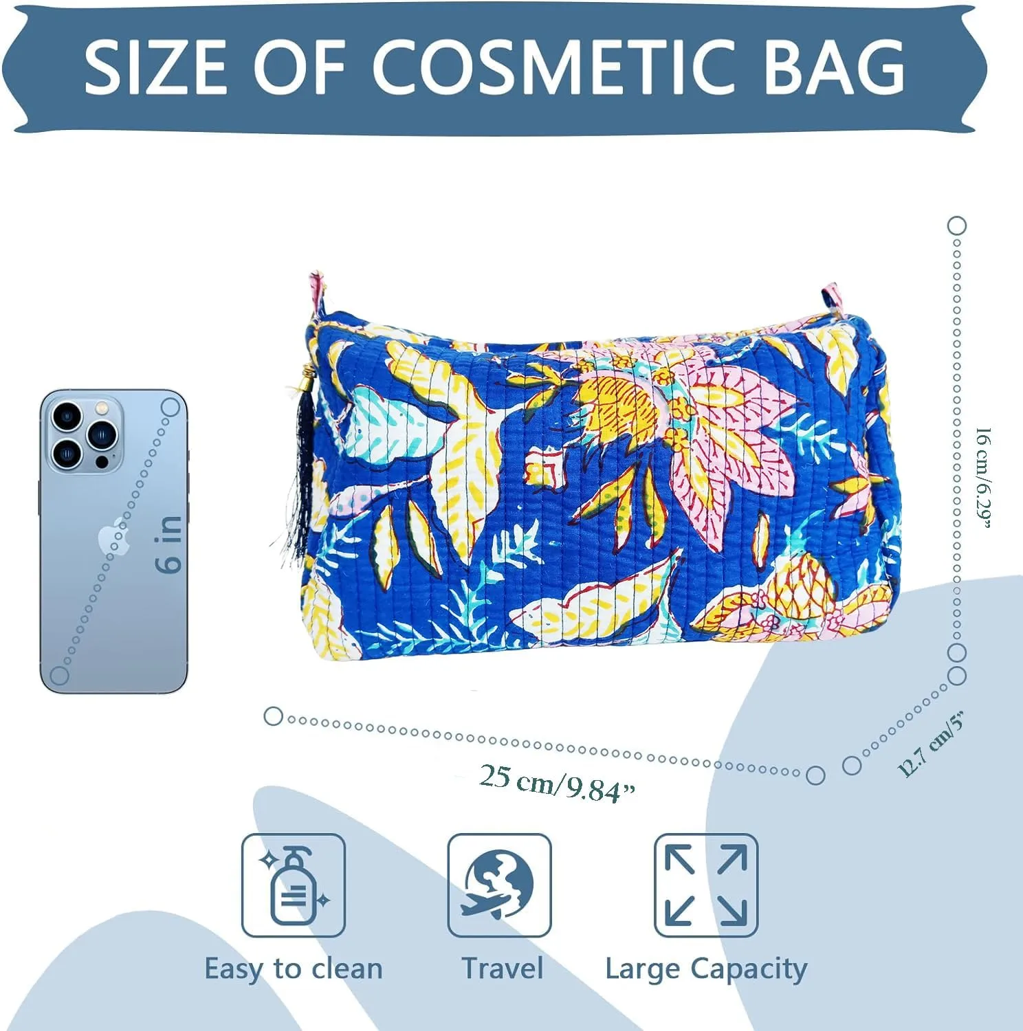 Rastogi Handicrafts Cosmetic Bags Set, 3 Piece Make Up Organizer Bag Storage Bags With Zipper Closure (3, Blue, Design-1)