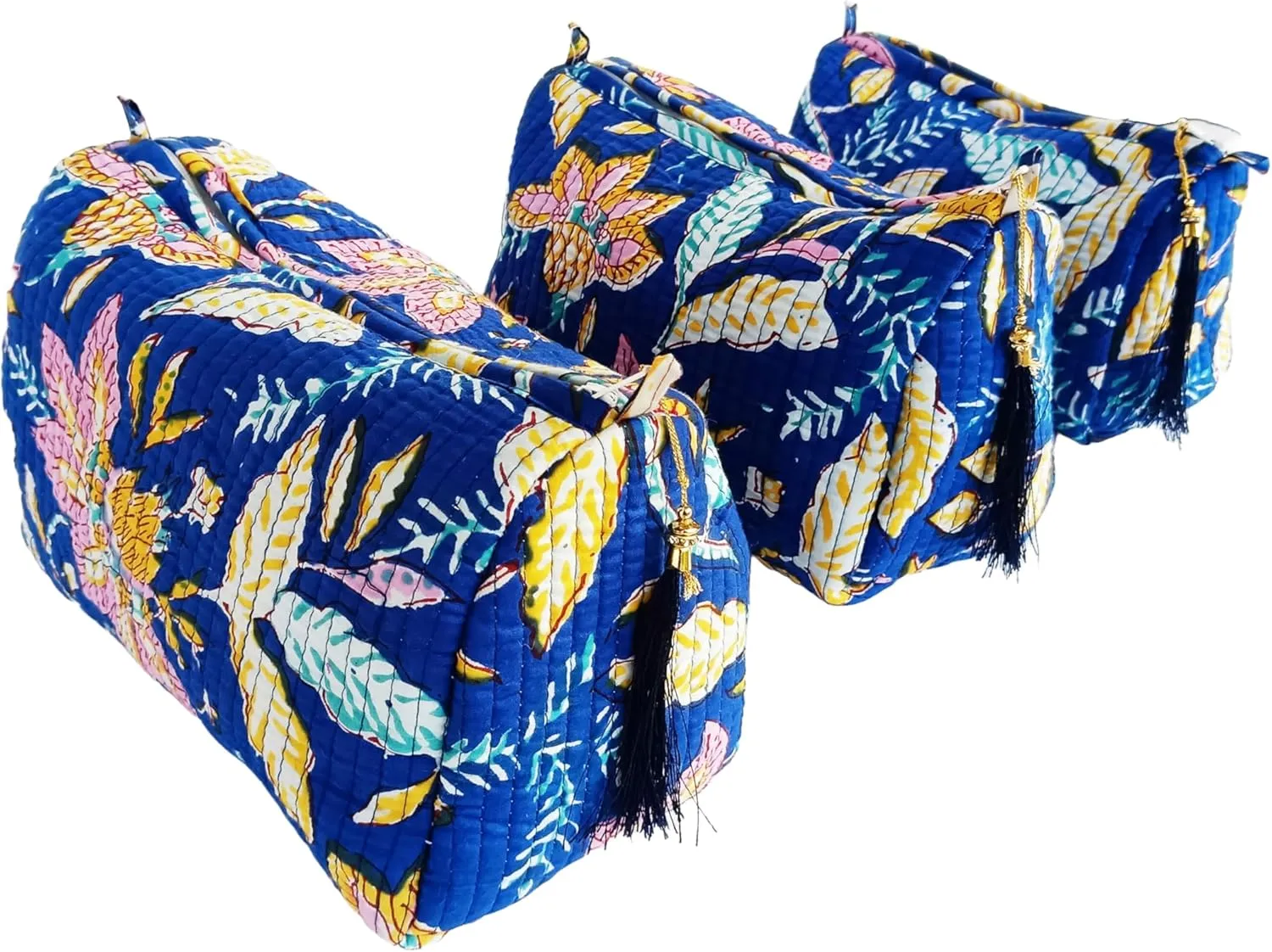Rastogi Handicrafts Cosmetic Bags Set, 3 Piece Make Up Organizer Bag Storage Bags With Zipper Closure (3, Blue, Design-1)