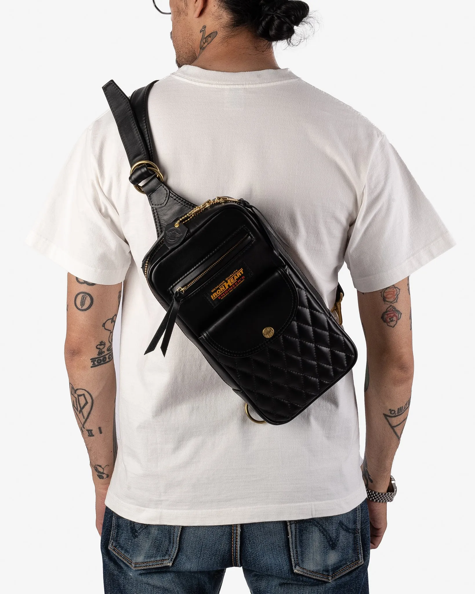 Rectangular Leather Diamond Stitched Shoulder Bag - Black