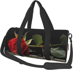Red Rose on Piano Printed Sports Gym Bag for Men Women Foldable Duffel Bag Carry On Weekender Bag for Travel Sports
