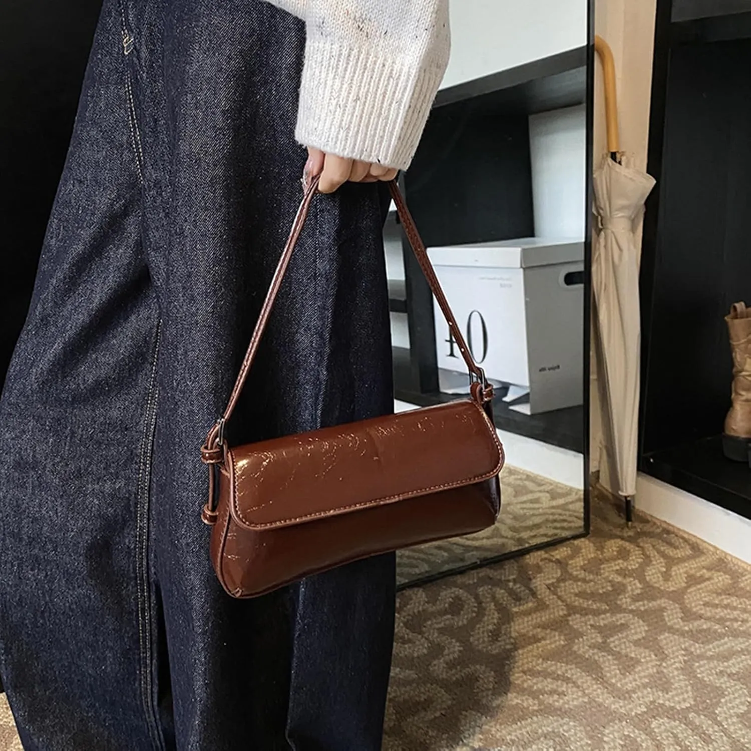 Retro Shoulder Bag for Women Small Textured PU Leather Flap Tote Handbags, Underarm Purse with Buckle Closure