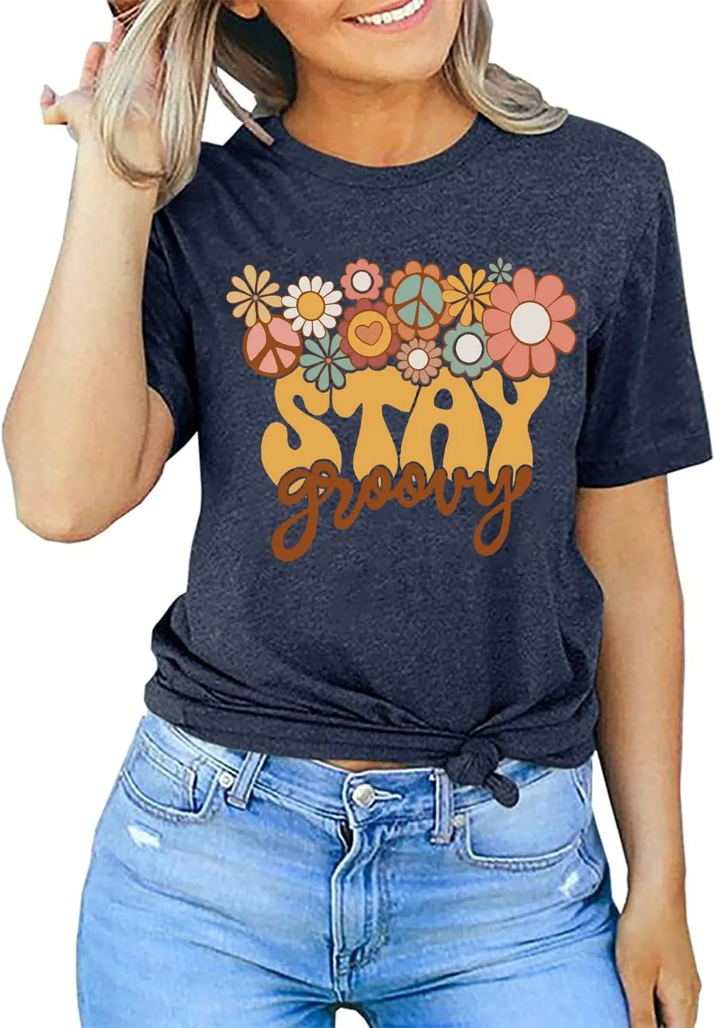 Retro Stay Groovy Shirt for Women Hippie 70s T-Shirt Cute Floral Graphic Tees Casual Summer Short Sleeve Tops