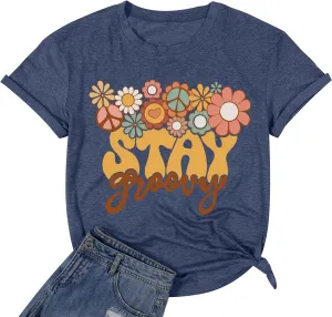 Retro Stay Groovy Shirt for Women Hippie 70s T-Shirt Cute Floral Graphic Tees Casual Summer Short Sleeve Tops