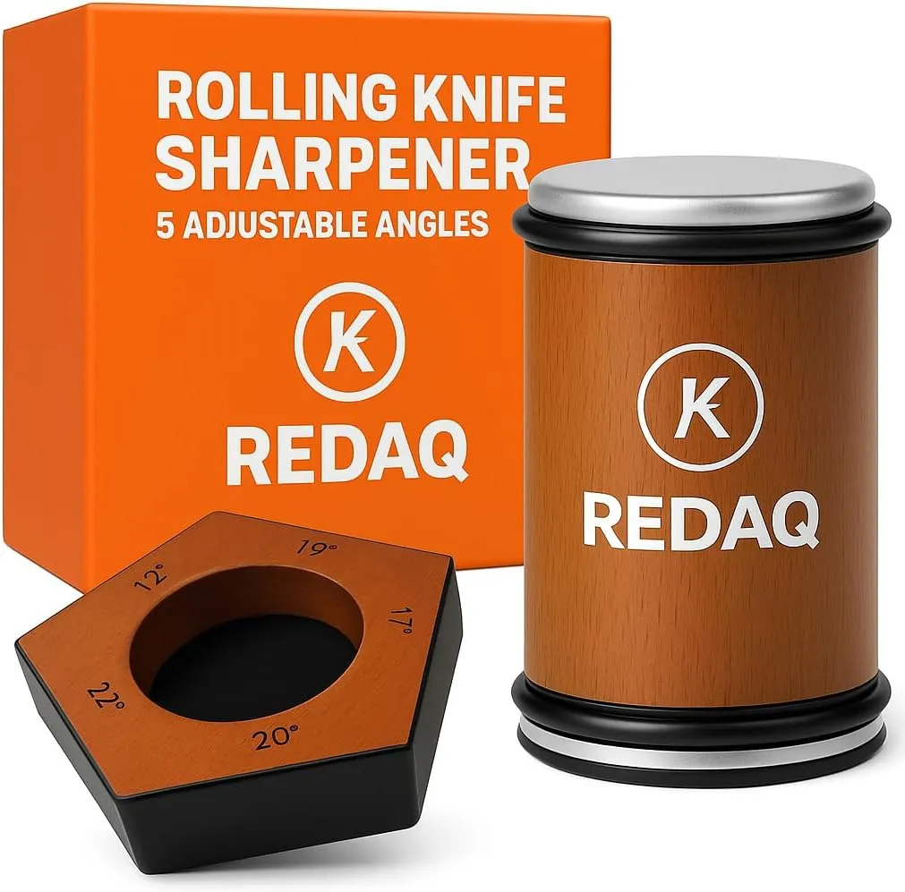 Rolling Knife Sharpener – 5-Angle Manual System (12°–22°) – Diamond & Corundum Discs – Non-Slip Base – Stainless Steel & Beech Wood – For Chef & Kitchen Knives
