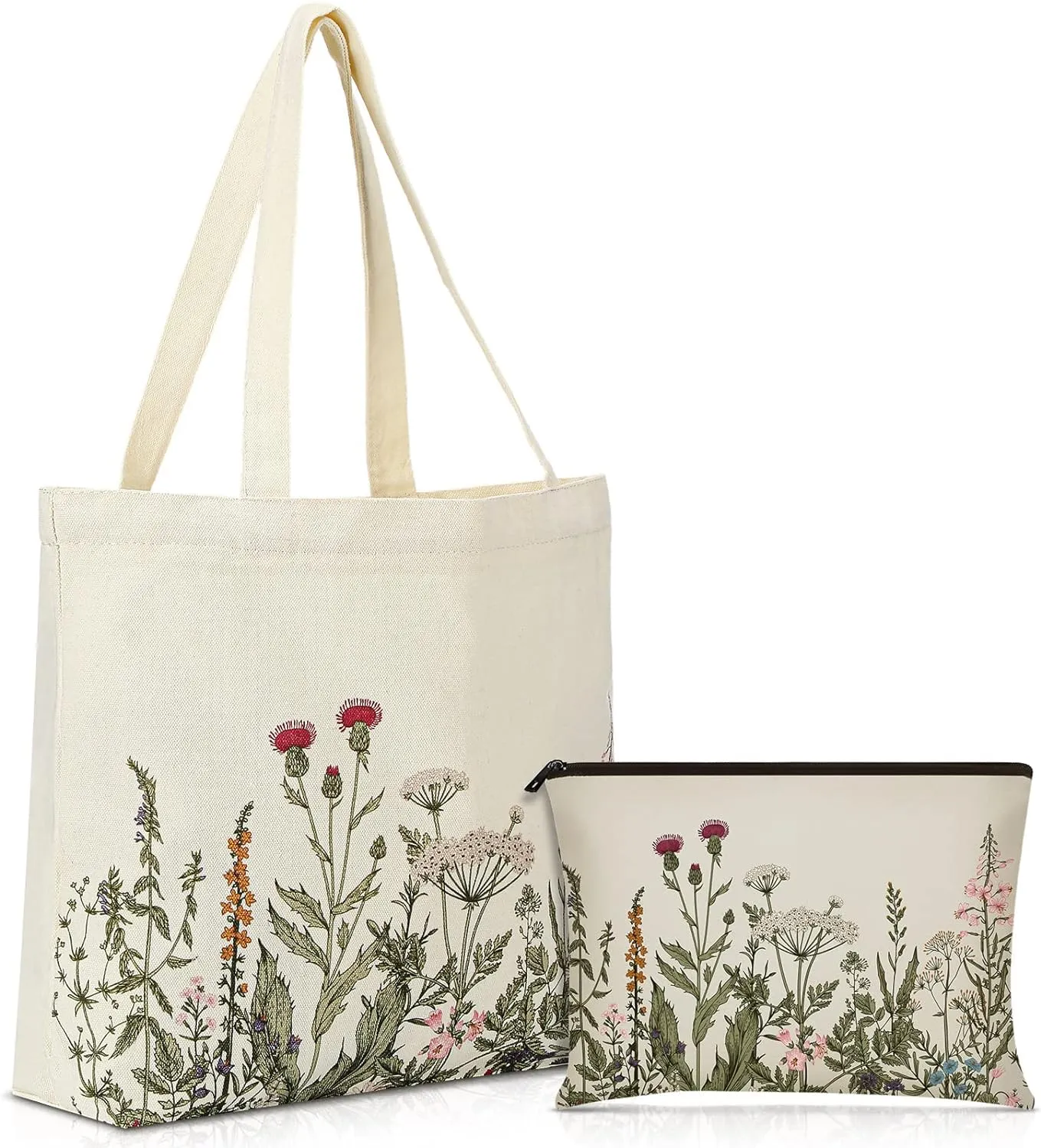 Sadnyy 2 Pcs Wildflower Canvas Tote Bags for Women Cute Aesthetic Floral Makeup Bags End of School Year Gift for Students Teacher Shopping Travel Work Gym