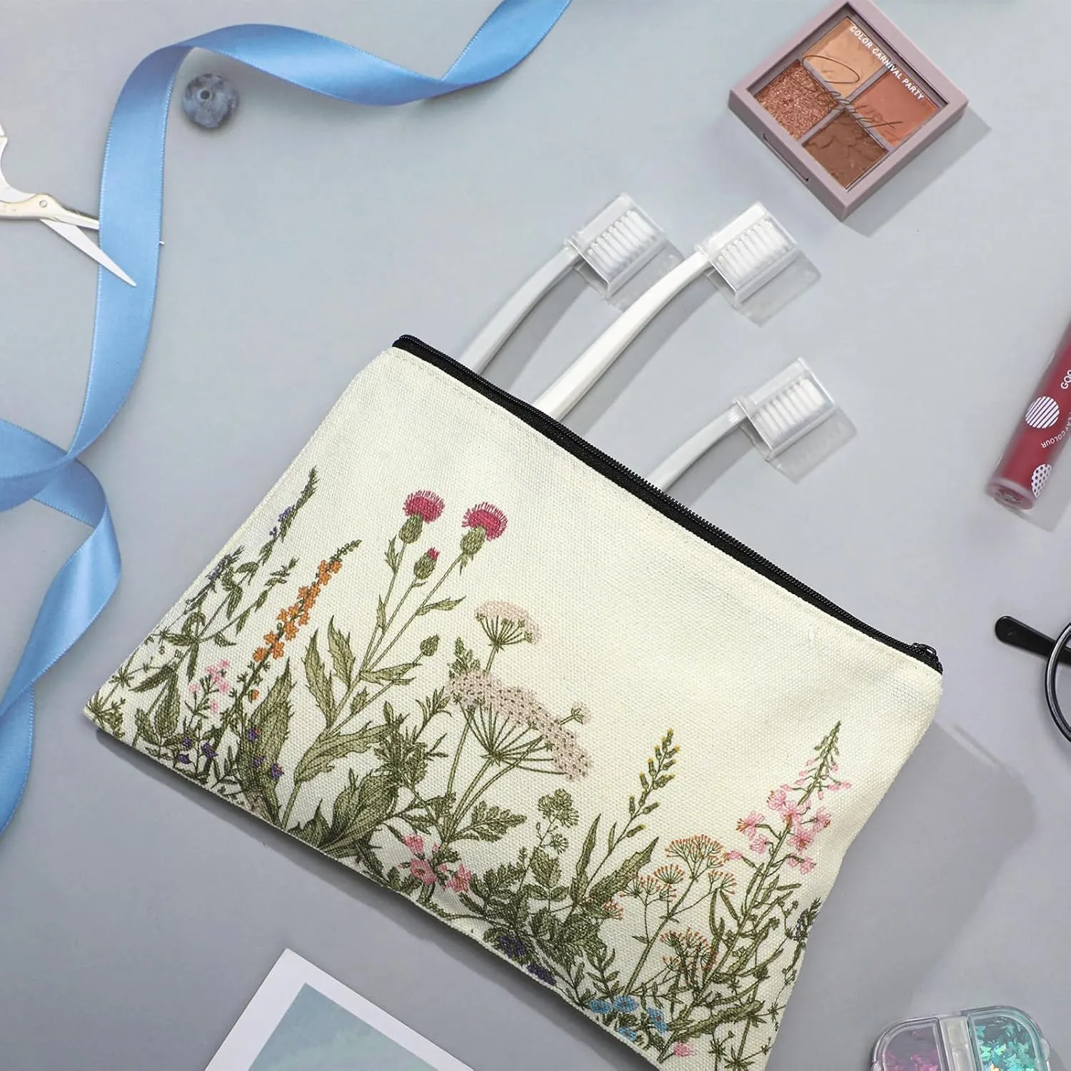 Sadnyy 2 Pcs Wildflower Canvas Tote Bags for Women Cute Aesthetic Floral Makeup Bags End of School Year Gift for Students Teacher Shopping Travel Work Gym