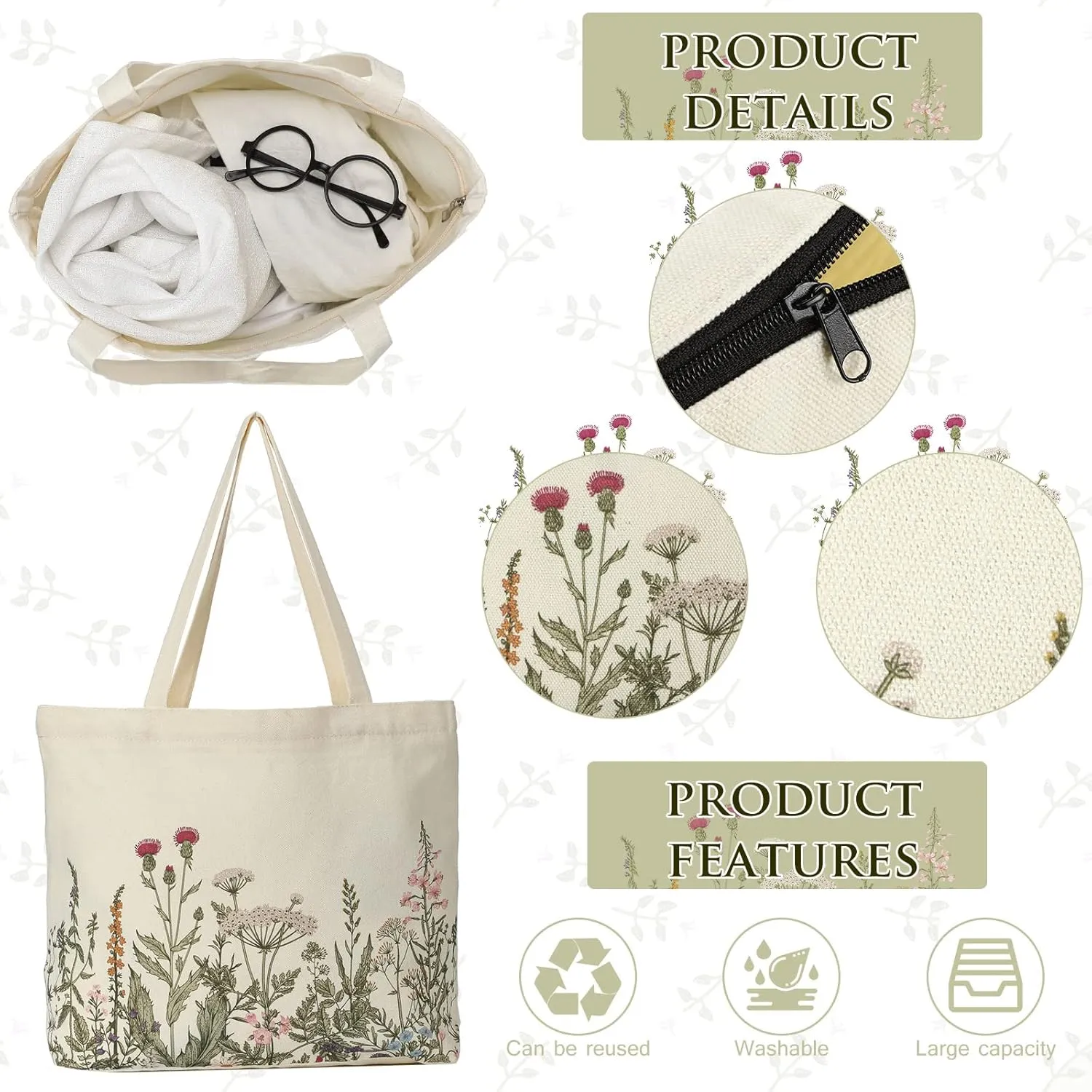Sadnyy 2 Pcs Wildflower Canvas Tote Bags for Women Cute Aesthetic Floral Makeup Bags End of School Year Gift for Students Teacher Shopping Travel Work Gym