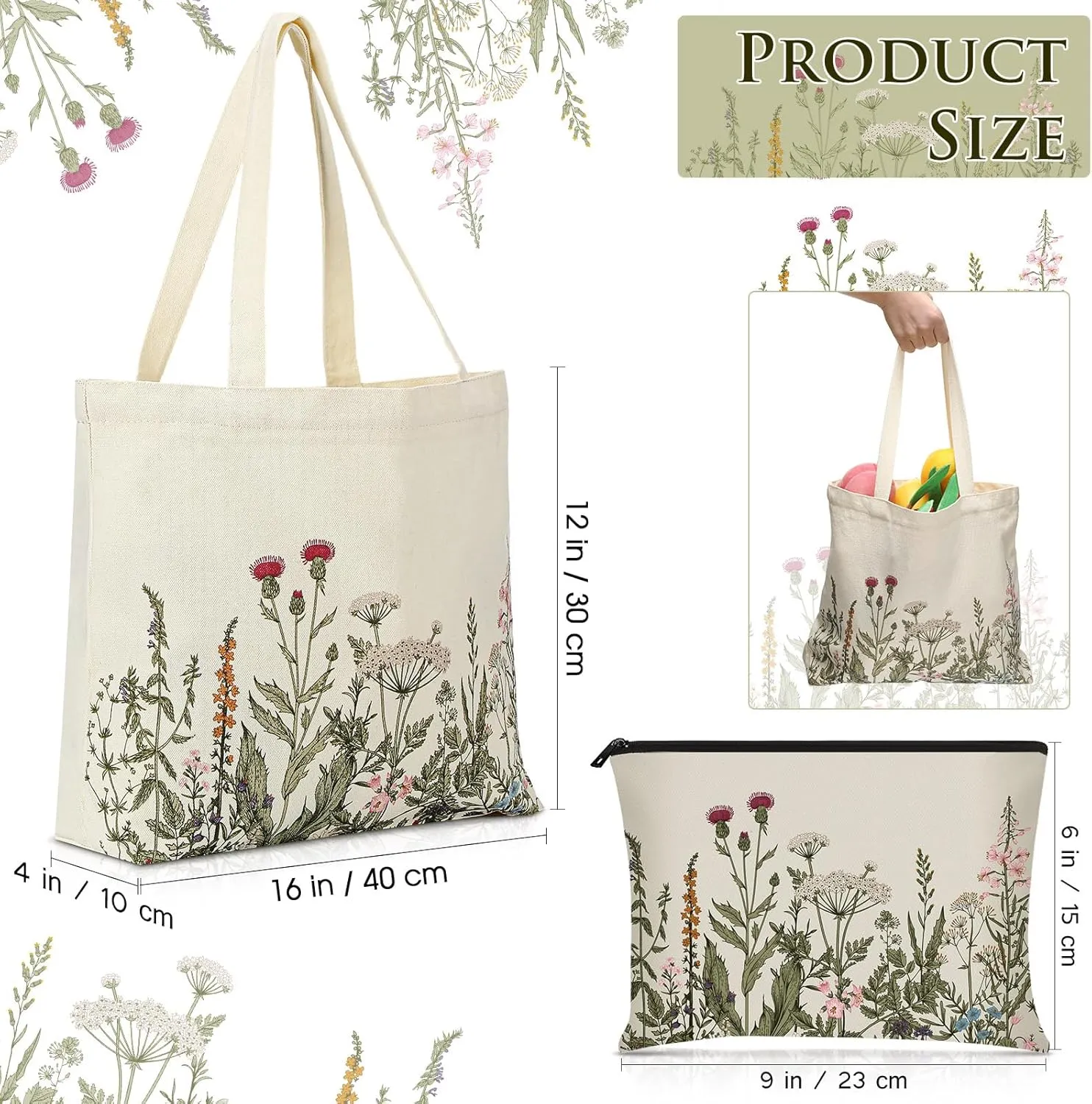 Sadnyy 2 Pcs Wildflower Canvas Tote Bags for Women Cute Aesthetic Floral Makeup Bags End of School Year Gift for Students Teacher Shopping Travel Work Gym