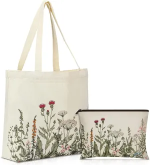 Sadnyy 2 Pcs Wildflower Canvas Tote Bags for Women Cute Aesthetic Floral Makeup Bags End of School Year Gift for Students Teacher Shopping Travel Work Gym