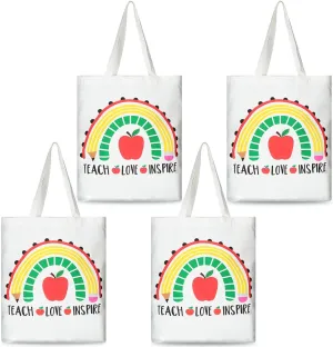 Saintrygo 4 Pack Teacher Appreciation Gifts Canvas Tote Bags Rainbow School Reusable Grocery Bag for Women Appreciation Week(Teach Love Inspire)