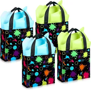 Sanwuta 24 Pieces Glow Neon Favor Bags with Tissue Paper Glow in the Dark Party Supplies No Woven Neon Birthday Gift Goody Candy Bags for Kids Adults Party Decoration