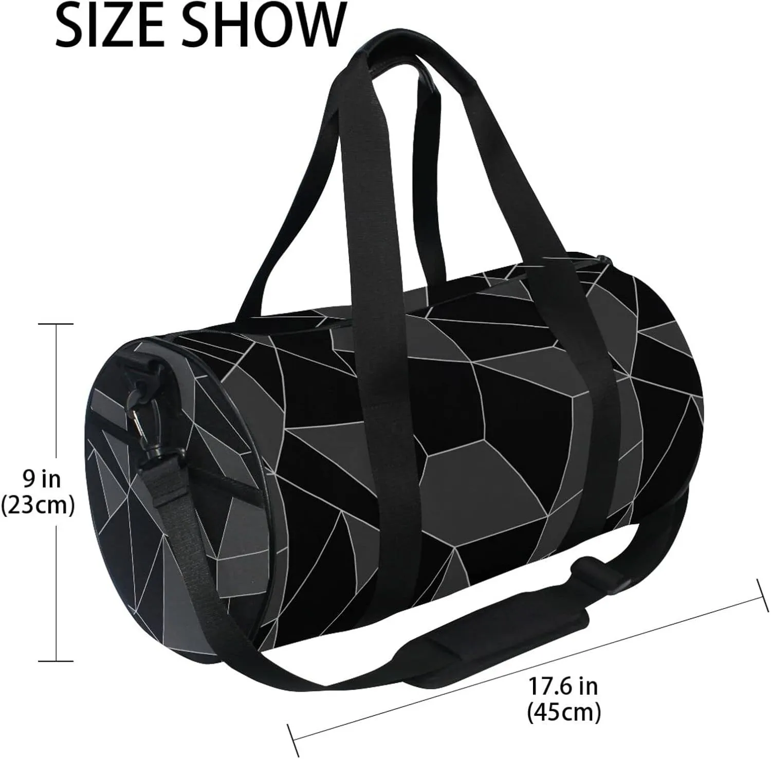 Seamless Emerald Geometric Black Dark Grey Crystal Polygonal Duffel Bag, Foldable Canvas Travel Tote for Gym Sports with Inner Pockets, Durable Lightweight Fitness Bag for Overnight Workout