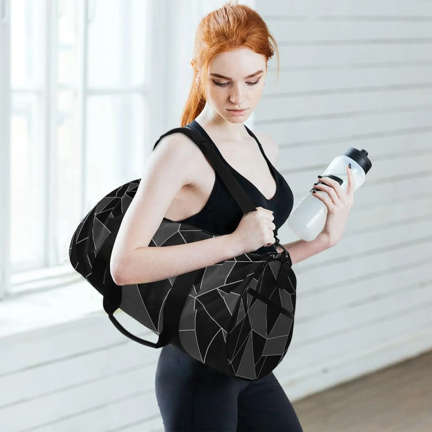 Seamless Emerald Geometric Black Dark Grey Crystal Polygonal Duffel Bag, Foldable Canvas Travel Tote for Gym Sports with Inner Pockets, Durable Lightweight Fitness Bag for Overnight Workout