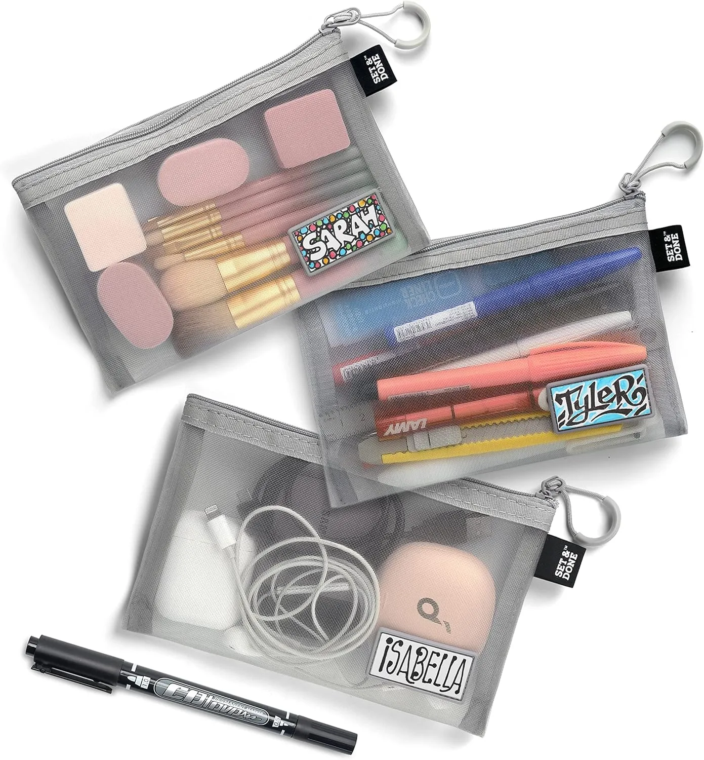 Set & Done - Zipper Mesh Bags 7"x 5" Size S Clear Pouch for Storage Small Items Makeup Accessories & Office Organizers, Travel Easy