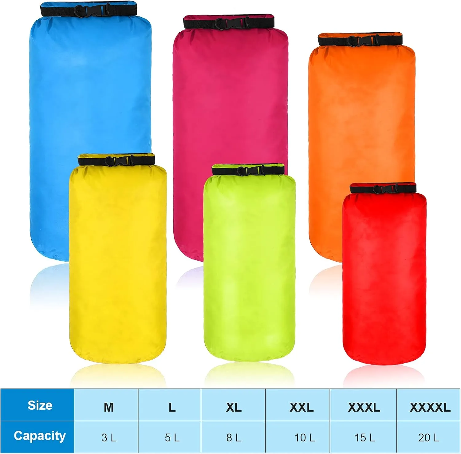 Shappy 6 Pcs Waterproof Dry Bag Set Dry Sacks Lightweight Airtight Combo Set with 20 L 15 L 10 L 8 L 5 L 3 L Sacks and Long Adjustable Shoulder Strap for Boating Hiking Camping