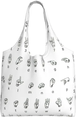 Sign Language Alphabet. Print Cute Lightweight Reusable Canvas Tote Bags Fit Activity Shopping Groceries
