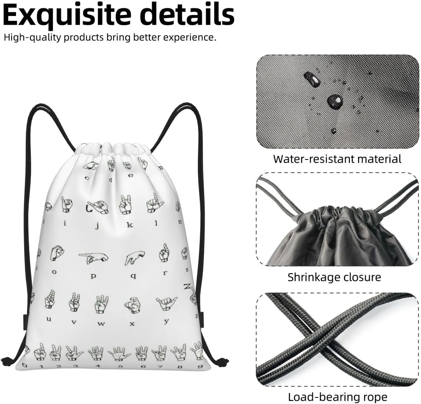 Sign Language Alphabet Print Drawstring Bags,Gym Sport Sack Drawstring Bag Suitable for sport Swimming Travel.